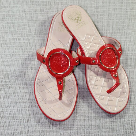 Vince Camuto Red Patent T Strap Flat Sandals - Picture 1 of 7